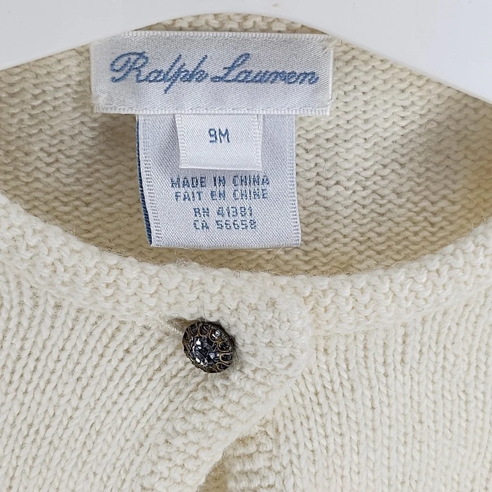 Infant Baby Girl Ralph Lauren Lambs Wool Cashmere Blend Button Ivory Cardigan 3M